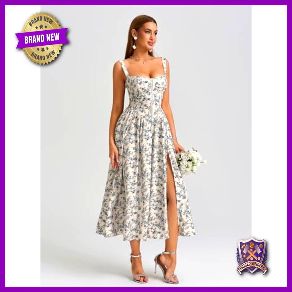 Floral Corset Midi Dress Flowy Slit Summer Wedding Guest Boho Chic - Picture 2 of 7